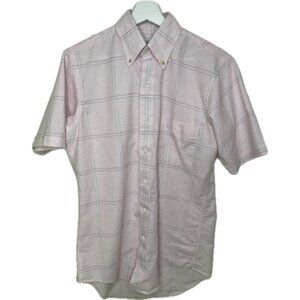 Arrow Dover Men’s Button Down Shirt Pink Plaid Short Sleeves 15 Small Made USA
